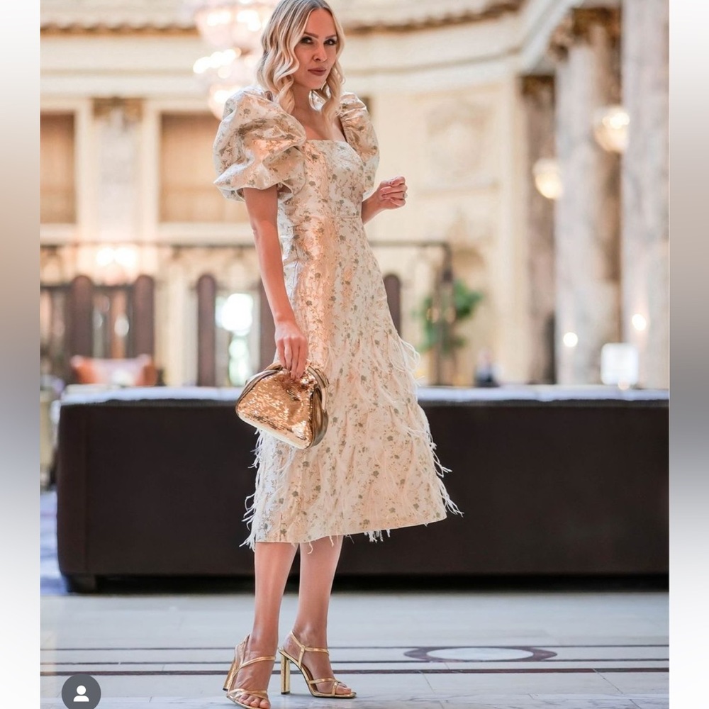 NWT Antonio Melani x Nicola Bathie Claire Metallic Floral Jacquard Print Dress